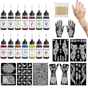 Temporary Tattoo Kit, 14 Bottles Colors Tattoo Ink With 75 Tattoo Stencils - Diy Fake Tattoos - Suitable For Adults, Teens, Women, Men & Art Painting Party
