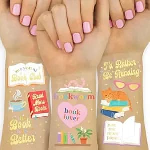 Xo, Fetti Book Lover Temporary Tattoos - 48 Gold Foil Styles - Book Club Birthday Decorations, Library Kids Party Favor, Reading Accessory, School Literary Activity