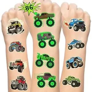 86pcs Monster Truck Temporary Tattoos For Kids Boys Teen, 12 Sheet Race Car Glow In The Dark Tattoo Stickers Set, Monster Truck Tattoos Birthday Christmas Party Favors Decoration Gift