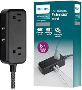 Philips 2-Outlet Extension Cord, 1 Usb-C, 2 Type-A Ports, Braided Extension Cord With Multiple Outlets, Flat Plug Power Strip, Power Strip With Usb Ports, Etl Listed, Black, sps3564b/37