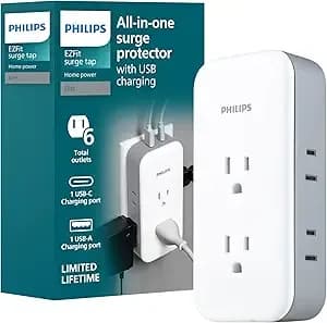 Philips All-In-One Surge Tap With Usb, 2 Grounded & 4 Polarized Outlets, 1 Usb-C & 1 Usb-A Port (15w Shared), 490 Joules, Etl Certified, White/Gray, spp3503gw/37