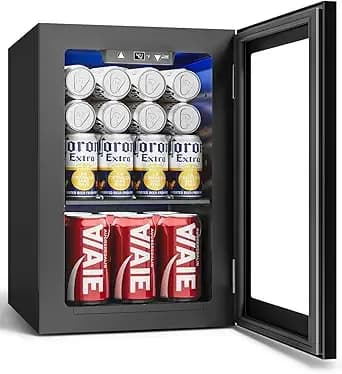 Feelfunn 24 Can Beverage Refrigerator, Mini Fridge, Black - 40-61°F, Whisper-Quiet ≤38db, Fast Even Cooling, Removable Shelf, For Soda, Beer, Wine. Fits Office, Dorm, Bedroom, Home Bar