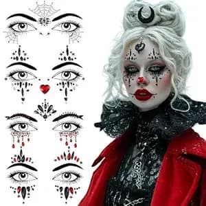 4 Pack Face Gems Jewels Tattoos For Halloween, Glitter Rhinestones Day Of The Dead Skull Spider Web Clown Crystals Makeup Stickers For Women Halloween Festival Rave Party Outfit (Black Red Purple)