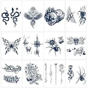 12 Sheets Realistic Semi-Permanent Tattoos For Adults 2-Week Long Lasting Plant-Based Jagua Ink Stickers Waterproof Butterfly & Gothic Snake