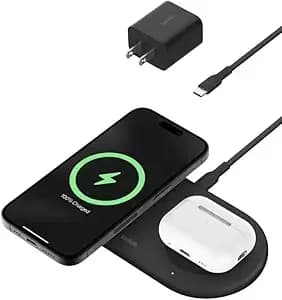 Belkin 2-In-1 Wireless Charging Pad W/ qi2 15w + Additional Usb-C Port - Magsafe-Compatible Charger, Charging Station For Iphone 16 & 15 Series, Samsung Galaxy s25 Series, Airpods, & More - Black