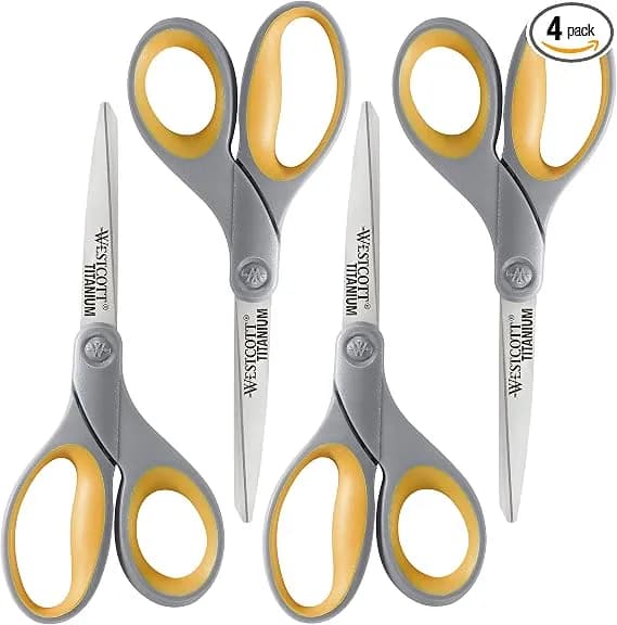 Westcott 8-Inch Titanium Bonded Scissors For Home, Office, And Classroom - Perfect For Cutting Paper, Sewing, And Crafts - Heavy-Duty Design With Soft Handle - Gray/Yellow - 4-Pack