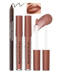 3pcs Hydrating Lip Gloss With Brown Lip Liner Combo Set,Plumping Lip Liner Moisturizing Nude Tinted Lips Glow Oil,Lightweight Non Sticky Liquid Lipstick Women Lipstain Makeup Long Lasting Lipgloss -08