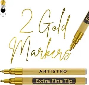 Artistro Gold Acrylic Paint Markers - 0.7mm Extra Fine-Tip - Set Of 2 - Metallic Paint Pens, Perfect For Crafting, Art Projects, & More