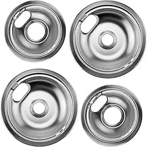 w10196406 And w10196405 Chrome Stove Burner Drip Pan Set For Whirlpool Amana Maytag Magic-Chef Kenmore Electric Range With Locking Slot, Includes 2 6-Inch And 2 8-Inch Drip Bowls