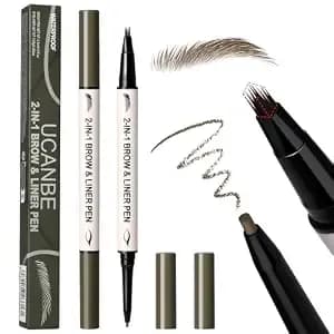 Ucanbe 2-In-1 Eyebrow Pen & Gel Eyeliner Pencil – Microblading Eye Brow Pencil With Brow-Fection Angled Brush Tip + 1.5mm Ultra-Fine Eye Liner, Waterproof, Quick-Dry, Long Lasting (Brown)