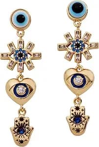 Alex And Ani Gold-Plated Evil Eye Earring - Crystal Pavé & Baguette Stones, Charm Hamsa & Heart, Symbolizes Protection & Strength, Ideal Evil Eye Jewelry For Women