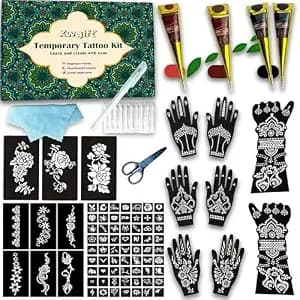 80 Pcs Temporary Tattoo Stencils Kit, 4 Cones & Prep Kit - Gift Box Packaging & Easy To Use Tattoo Kit. Great Present For Teen Girls, Birthdays, Holidays & Parties