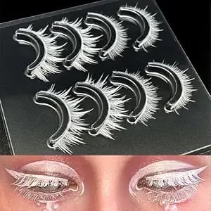 White Spiky Manga Lashes Anime 4 Pairs Upper & Bottom Set - Natural Look Japanese Anime Style,Clear Band,Reusable Faux Mink,Cosplay & Party Makeup,Halloween Eyelashes Extension