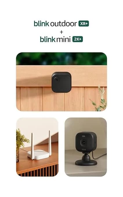Blink Outdoor Xr+ And Mini 2k+ — Extended Range Wireless Outdoor 4 Camera And Plug-In 2k Indoor Camera. Sync Module Xr+ Included — 2 Camera System