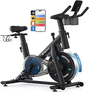 Merach Exercise Bike, Magnetic Friction Stationary Bike For Home - Low Noise Indoor Cycling Bike With Exclusive App, 300lbs Weight Capacity, Tablet Mount And Fitness Courses For Weight Loss