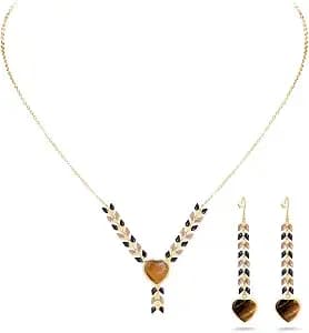 Montana West Wrangler Western Tigers Eye Wheat Chain Necklace Earrings Set - Gold Plated Wheat Chain Featuring Tiger Eye Stones, Vintage Boho Cowgirl Jewelry With Branded Gift Box