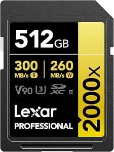 Lexar 512gb Professional 2000x Sdxc Memory Card, Uhs-Ii, c10, u3, v90, Full-Hd & 8k Video, Up To 300mb/S Read, For Dslr, Cinema-Quality Video Cameras (lsd2000512g-Rnnnu)