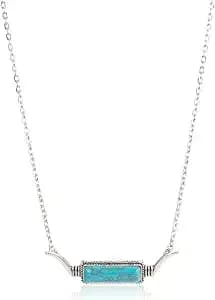Montana West Women Silver Rectangular Turquoise Drop Pendant Necklace