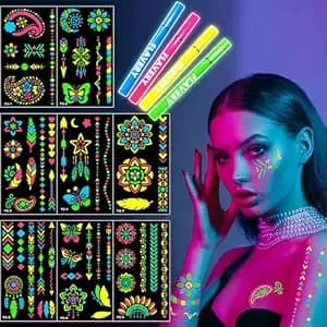 Glow In The Dark Face Paint Markers, 4-Color Neon Body Paint Markers＋57pcs Flower Stencils,Uv Blacklight Body Markers For Halloween Music Festivals Nightclub Birthday Glow Party Supplies