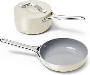 Caraway Mini Cookware Set - Non-Stick Ceramic Fry Pan (1.05 Qt, 8") Sauce Pan (1.75 Qt) & Storage Rack - Non Toxic, Ptfe & Pfoa Free - Oven Safe & Stovetop Agnostic (Gas, Electric & Induction) - Cream
