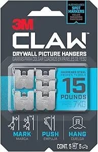 3m Claw 15 Lb. Drywall Picture Hanger With Spot Markers, Heavyweight Hanging Solution For Room Decor And Office Decor, Including Mirrors Or Large Art – 5 Pack