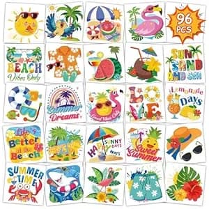 Konsait Summer Tattoos For Kids Adult, 96pcs Pre-Cut Sun Sea Animal Happy Summer Beach Theme Tattoos Stickers, Summer Party Decorations Accessories & Birthday Favors, 48 Designs