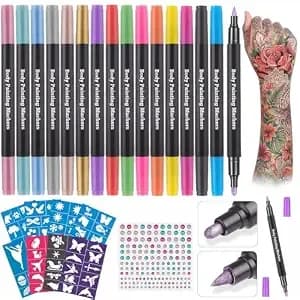 Lictin Temporary Tattoo Markers For Skin, 16 Colors Dual-End Tattoo Pens - 80 Tattoo Stencils, Matte & Metallic Body Markers For Kids Teens And Adults, Flexible Brush Tip, Cosmetic-Grade