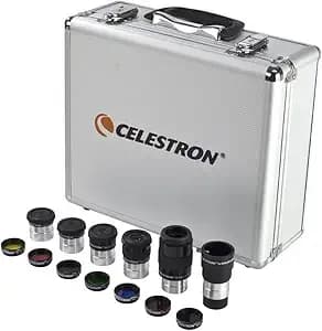 Celestron Eyepiece, Barlow & Filter Telescope Accessory Kit – 1.25" Barrel - 14 Essential Telescope Accessories, 5 Plossl Eyepieces, 2x Barlow, 7 Colored & Moon Filters, Includes Premium Metal Case