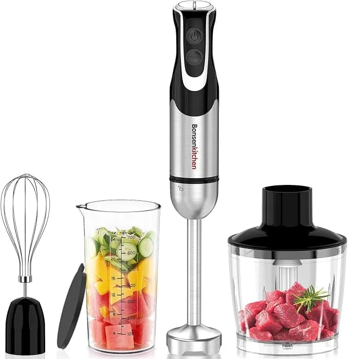 Bonsenkitchen Immersion Blender With Food Processor,12 Speeds & Turbo Mode - 4-In-1 Hand Blender With Stainless Steel Blade, Beaker & Chopper Bowl, Stick Mixer For Baby Food,Smoothies, Soups & Sauces