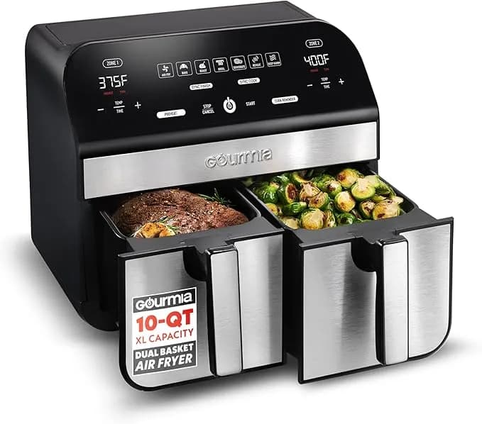 Gourmia Dual Basket Air Fryer - 10 Qt Large Capacity, fryforce360º, Digital Display With 7 Presets, Roast, Bake, Broil, Dehydrate, Match Cook, Sync Finish, Dishwasher Safe Accessories, Black
