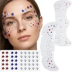 Wehhbtye 9 Sheet 4th Of July Glitter Freckles Stickers, Patriotic Freckles Face Tattoos And Gems Sticker Set, Red White Blue Star Face Gems For Memorial Labor Day Makeup Accessories