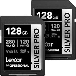 Lexar 128gb 2-Pack Silver Pro Sd Card, 280mb/S Read, 4k, v60, u3, Uhs-Ii