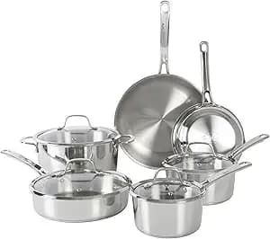 Sur La Table Kitchen Essentials Chef'S Deck 10 Piece Stainless Steel Non Toxic Pots And Pans Kitchen Cookware Set W/Triply Encapsulated Base - Induction Safe