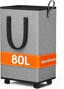 Spacetrove Rolling Laundry Basket With Wheels, Laundry Hamper, 80l, Grey - Collapsible, 4 Detachable Wheels Including 2 With Brakes, Sturdy Handle, Metal Frame, For Dorms, Bathrooms And Bedrooms
