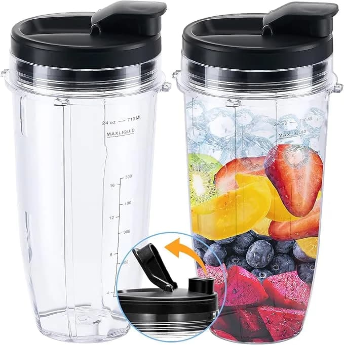 Replacement 24oz Blender Cup With Sip & Seal Lid For Nutri Ninja bl450 bl456 bl480 bl482 bl640 bl642 bl682 bn751 bn801 Foodi ss101 ss151 ss351 ss401 Ninja Blender Auto Iq Blade, 2-Pack …