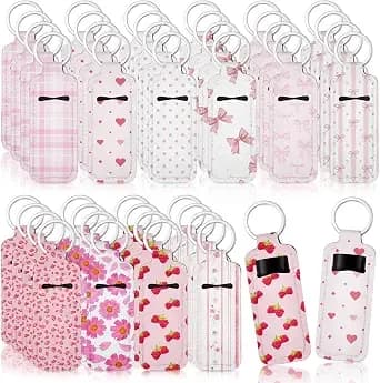 Quelay 40 Pcs Pink Lipstick Holder Keychain Bulk Preppy Bow Lip Gloss Sleeve Lip Balm Holder Gifts For Women