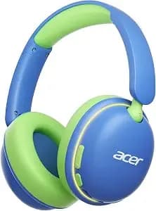 Acer ohr727 Kids Bluetooth Headphones Travel, 110h Playtime With Led Lights - 85db Safe Volume, Bluetooth 6.0, Built-In Mic, Wireless Over Ear Toddler Headphones For Ipad Tablet Travel School Blue Green