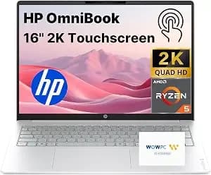 Hp Omnibook 16" Laptop Ai Pc, 2k Touchscreen, Amd Ryzen 5 40, 8 Gb Ram, 256 Gb Pcle Ssd, Copilot Key, Windows 11, Glacier Silver