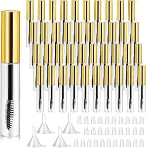 Maitys 40 Pcs 10 Ml Empty Mascara Tubes With Eyelash Wand, Golden - Refillable Mascara Bottle And Funnel, Eyelash Serum Container For Castor Oil, Diy Cosmetics, Travel And Sample Size Packaging