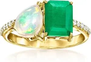 Ross-Simons Opal And 1.80 Carat Emerald Toi Et Moi Ring With .10 Ct. T.W. White Topaz In 18kt Gold Over Sterling
