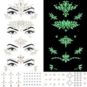 Erythem Face Gems For Women 6 Sheets Face Jewels Stick On Self Adhesive Rhinestones Stickers For Makeup Music Festival Rave Party (4luminous)