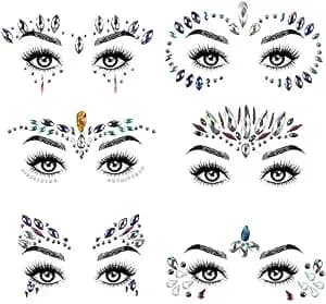 Aomig Face Gems Glitter, 6 Pcs Rhinestone Face Glitter Stickers, Mermaid Face Jewels Stick On, Crystal Tears Gem Stones Eyes Face Body Temporary Tattoos Stickers For Christmas Makeup Gift