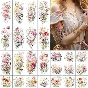 Everjoy Flower Temporary Tattoo Sleeve Sheets Kit, 12 Large Watercolor Floral Tattoo Stickers, 13 Small Fake Flower Tattoo Designs For Women And Girls