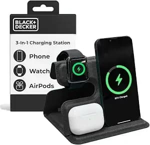 Black+Decker 3 In 1 Charging Station For Apple Multiple Devices, Wireless Foldable Travel Charger For Multiple Devices Iphone 17 16 15 14 13 Pro Max Plus Apple Watch Series/Airpods (Black)
