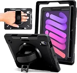 Zagg Rugged Tablet Case For Ipad Mini (Gen 6) - Protective, 360° Rotating Hand Strap, Integrated Kickstand, Drop-Proof, Ideal For Business, Warehouse, And Field Use, Black