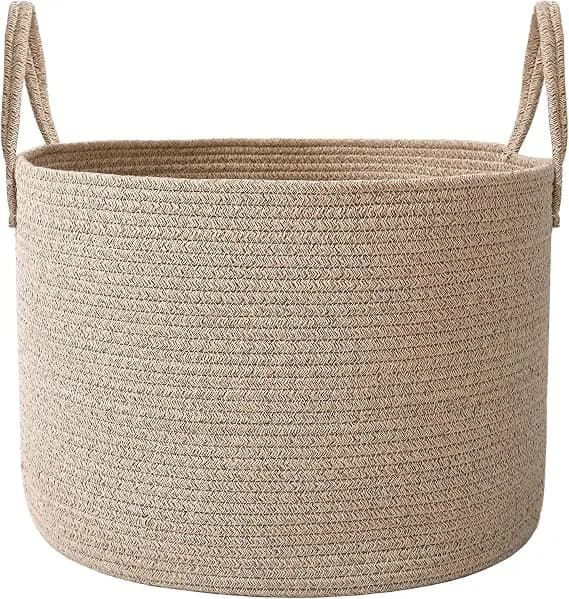 Jmvicyroam 65l Extra Large Machine Washable Cotton Rope Blanket Basket - Collapsible Laundry Hamper, Reinforced Handles, For Blankets, Pillows, Toys And Clothes, Living Room And Bedroom, Oatmeal