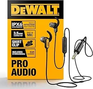 Dewalt Heavy Duty Wired Earphones With Microphone, Jobsite Earbuds Wired 3.5mm, Water-Resistant 3.5mm Earbuds With Mic, Connected Headphones For Outdoor Work