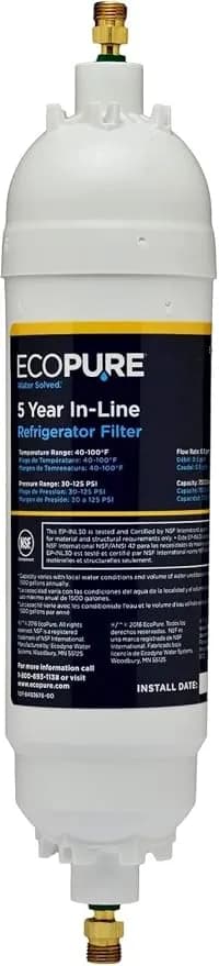 Ecopure epinl30 5-Year In-Line Refrigerator Water Filter – Universal Fit For Most Fridges, Ice Makers, Rvs & Boats – Reduces Chlorine Taste & Odor – Easy Diy Install With 1/4" Fittings
