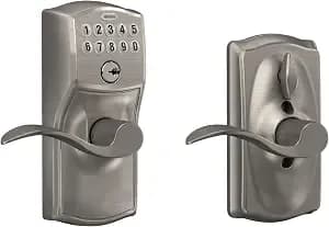 Schlage Electronic Keypad Lock, Lever Handle, Plymouth Trim, Satin Nickel - Keypad Door Lock With Handle, Keyless Entry, Push Button Keypad, Flex Lock Auto-Lock Option, Certified Security, fe595