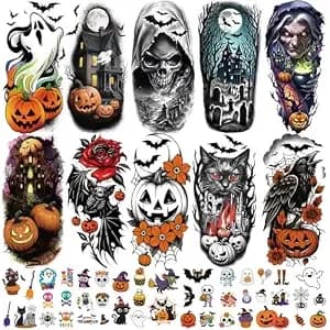 77 Pcs Halloween Temporary Tattoos Adult Kids, 17 Pcs Half Sleeve Pumpkin Bat Crow Witch Skull Fake Tattoos, 60 Pcs Spider Cat Ghost Scar Tiny Realistic Face Body Tattoos Stickers